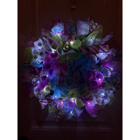 Handmade Bright Merry Christmas Holiday Ribbon Door Wreath 22 ins W54 Pink Blue - Picture 8 of 9